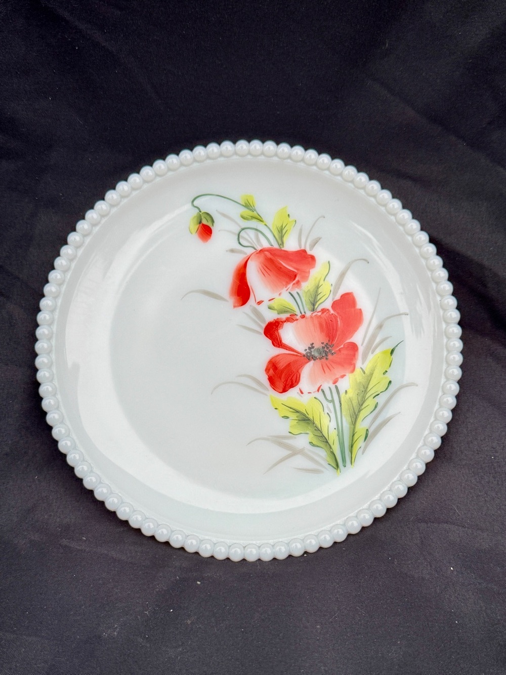 Vintage McKee Milk Glass Poppy Plate - Hand-Painted Floral Bead Trim